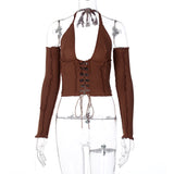 Long-sleeved T-shirt with Halterneck Tie On Chest