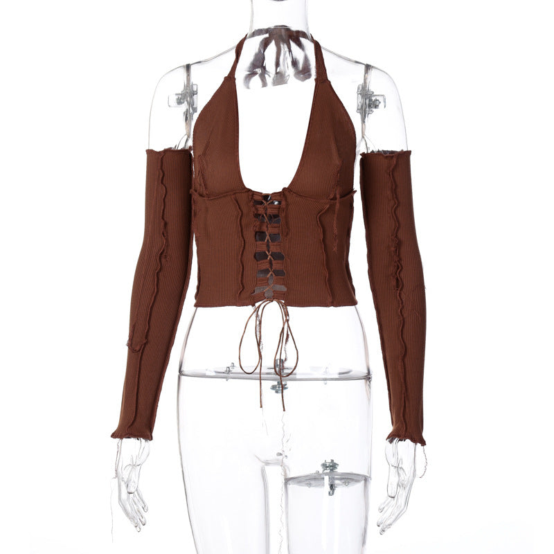 Long-sleeved T-shirt with Halterneck Tie On Chest