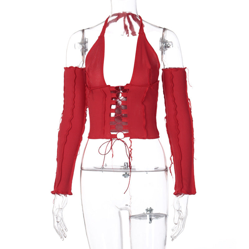 Long-sleeved T-shirt with Halterneck Tie On Chest