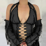 Long-sleeved T-shirt with Halterneck Tie On Chest