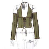 Long-sleeved T-shirt with Halterneck Tie On Chest