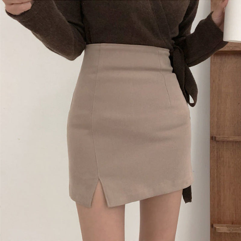 Woolen Slit High Waist Bag Hip Skirt