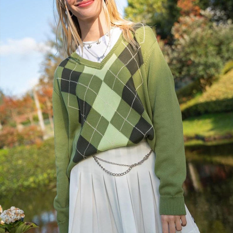 Green V-Neck Diamond Sweater