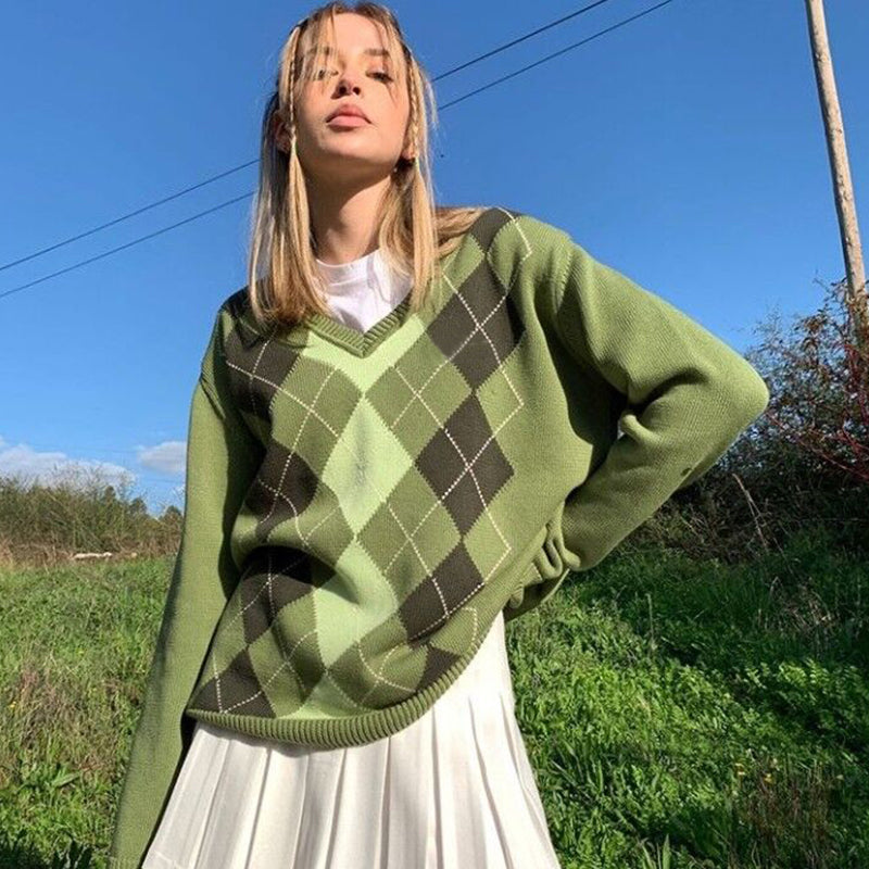 Green V-Neck Diamond Sweater