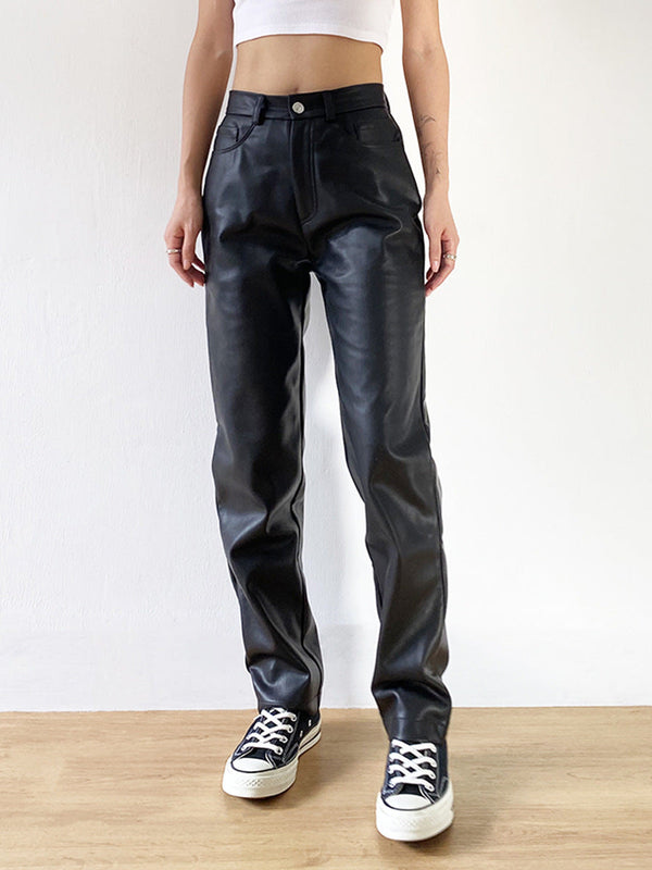 Slim Straight Leg Faux Leather Pants Trousers