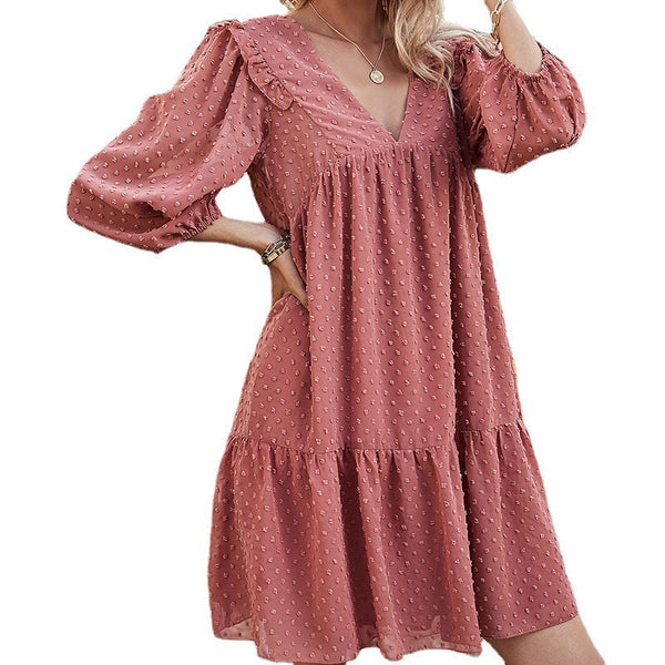 V-Neck Solid Color Lantern Sleeve Dress
