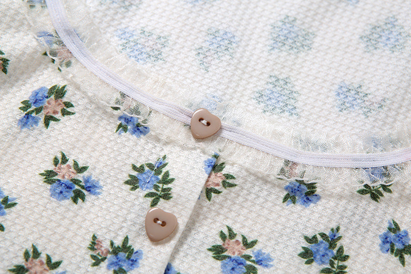 Summer Printed Puff Sleeve Lace Cardigan T-shirt