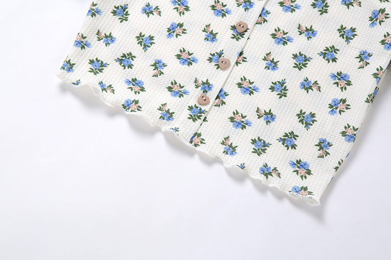 Summer Printed Puff Sleeve Lace Cardigan T-shirt