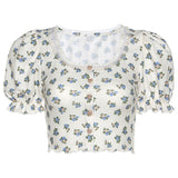 Summer Printed Puff Sleeve Lace Cardigan T-shirt