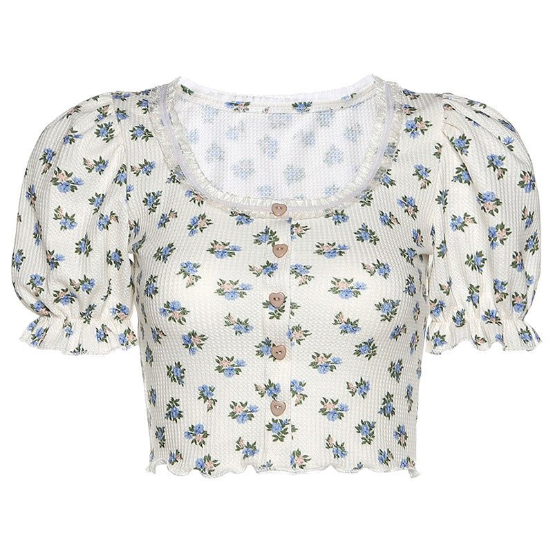Summer Printed Puff Sleeve Lace Cardigan T-shirt