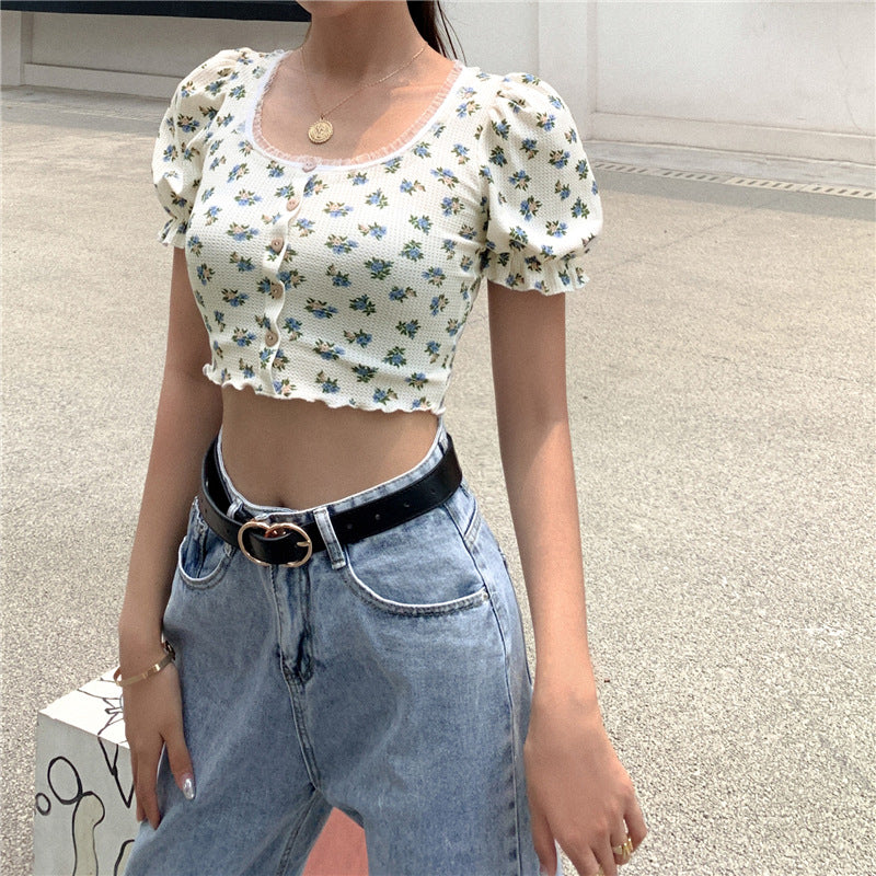 Summer Printed Puff Sleeve Lace Cardigan T-shirt