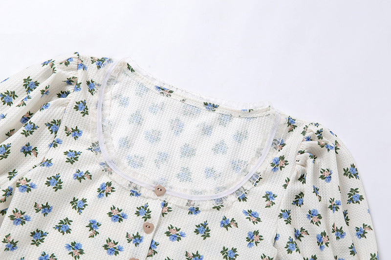 Summer Printed Puff Sleeve Lace Cardigan T-shirt