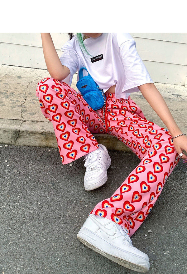 Heart Shaped Print High Rise Wide Leg Trousers
