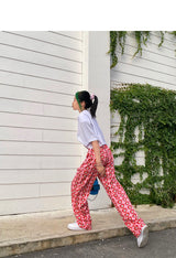 Heart Shaped Print High Rise Wide Leg Trousers
