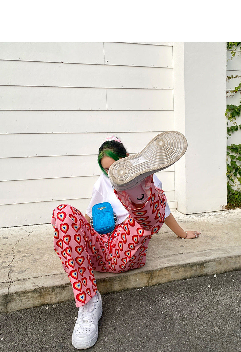 Heart Shaped Print High Rise Wide Leg Trousers