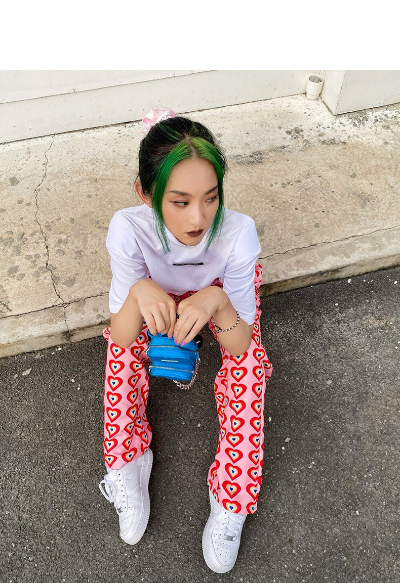 Heart Shaped Print High Rise Wide Leg Trousers