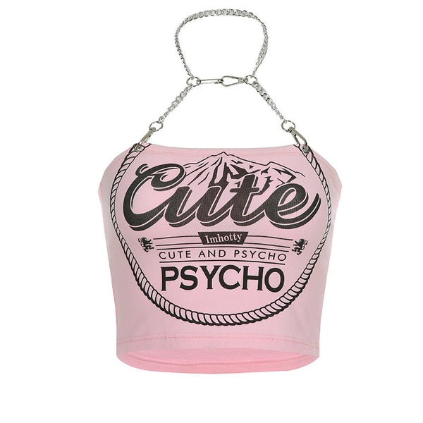 Printed Navel Sexy Sling Chain Halter Neck Wrap Vest