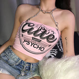 Printed Navel Sexy Sling Chain Halter Neck Wrap Vest