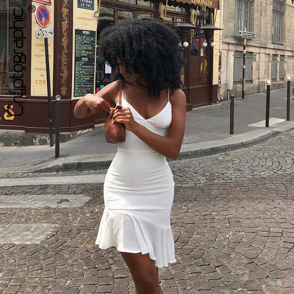 Pure Color Sling Stitching Halter Ruffle Short Dress