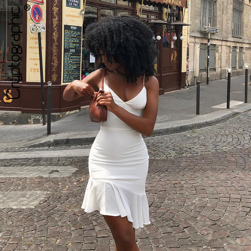 Pure Color Sling Stitching Halter Ruffle Short Dress