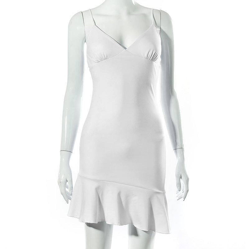 Pure Color Sling Stitching Halter Ruffle Short Dress