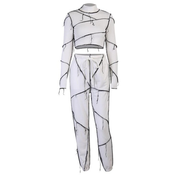 Line Stitching Pant Suit Sexy Slim Stitching Long-Sleeved Top Two-Piece