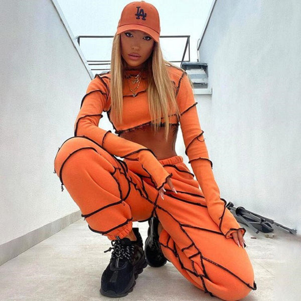 Line Stitching Pant Suit Sexy Slim Stitching Long-Sleeved Top Two-Piece