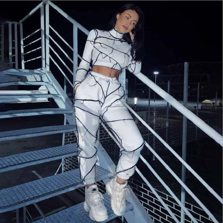 Line Stitching Pant Suit Sexy Slim Stitching Long-Sleeved Top Two-Piece