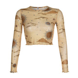 Ins Wind See-Through Mesh Sun And Moon Print Long-Sleeved T-Shirt