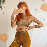 Ins Wind See-Through Mesh Sun And Moon Print Long-Sleeved T-Shirt