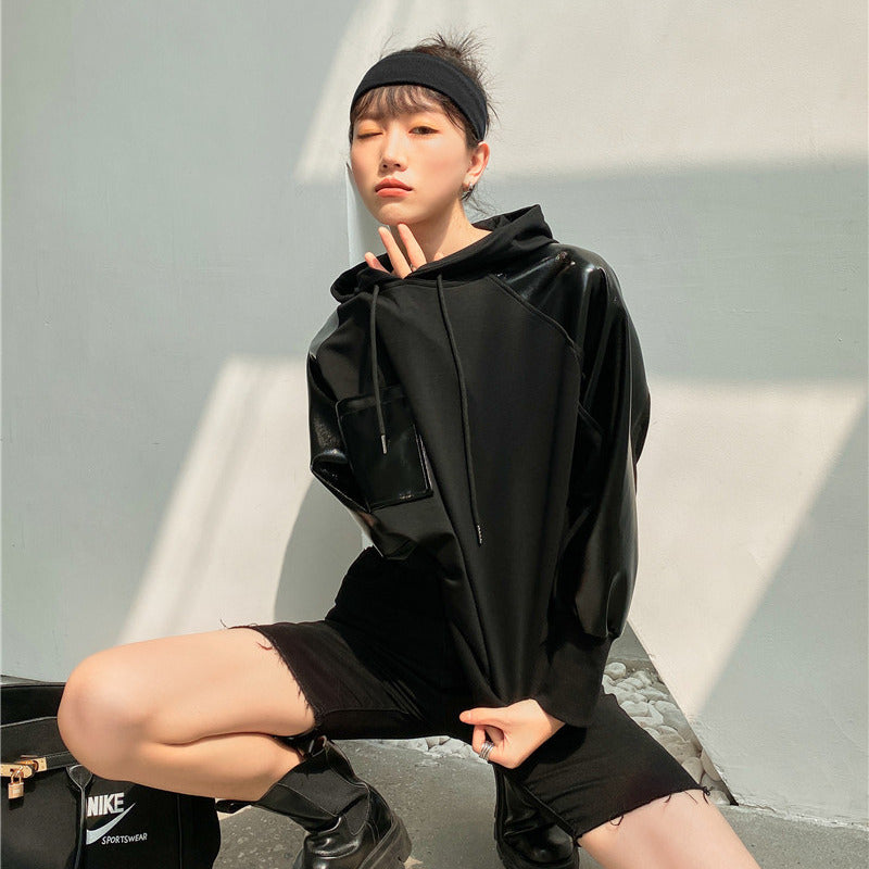 Girly Black Hooded Design Niche Loose Top