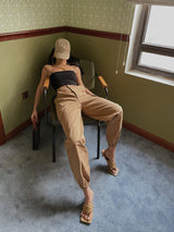 Khaki Girdled Casual Overalls