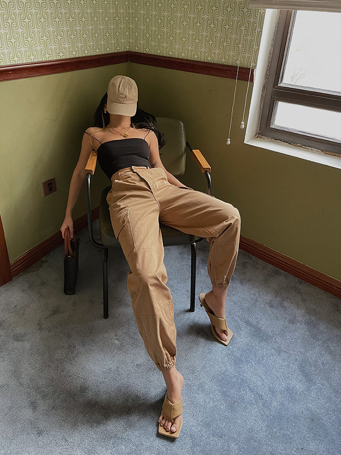 Khaki Girdled Casual Overalls