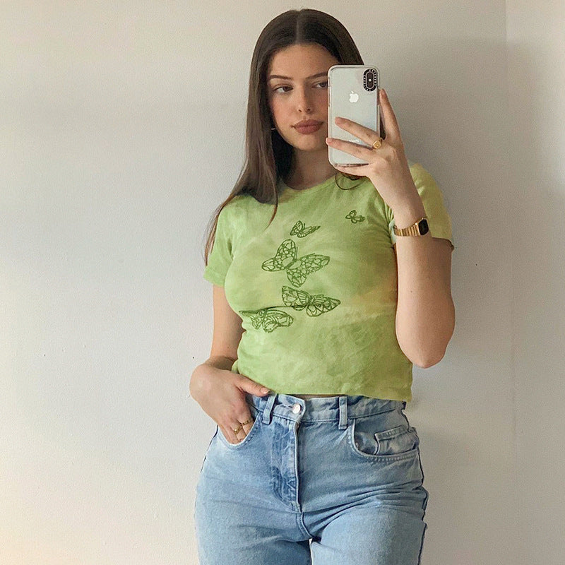 Butterfly Green Print Short Sleeve Shirt