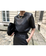 Leather Short Sleeve Top High Waist Buttock Skirt Suit