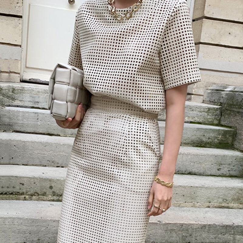 Leather Short Sleeve Top High Waist Buttock Skirt Suit