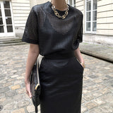 Leather Short Sleeve Top High Waist Buttock Skirt Suit