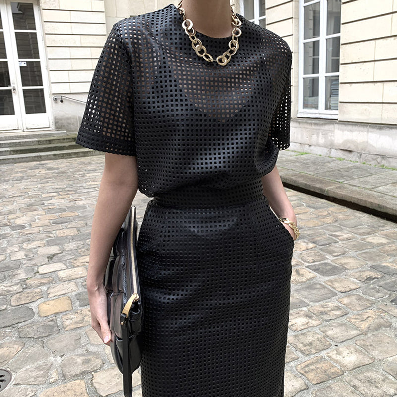 Leather Short Sleeve Top High Waist Buttock Skirt Suit