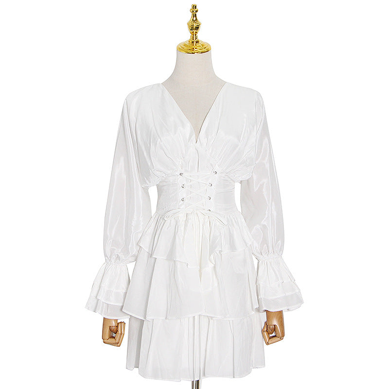 Sexy Deep V-neck Solid Color Waist Slimming Dress