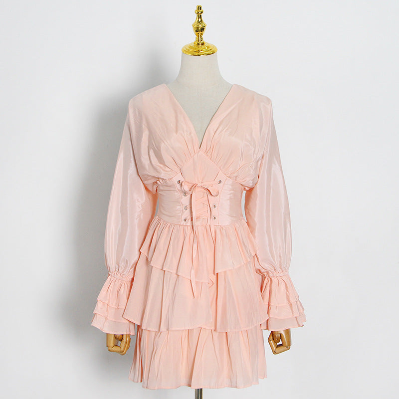 Sexy Deep V-neck Solid Color Waist Slimming Dress