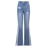 Casual Pierced Drawnwork High Waist Jeans