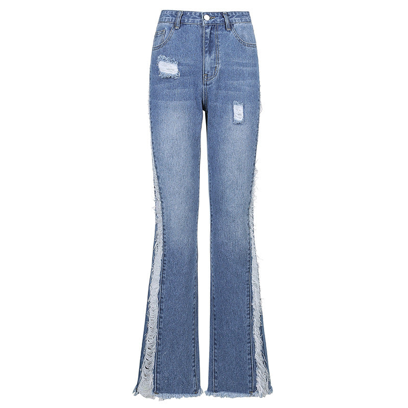 Casual Pierced Drawnwork High Waist Jeans
