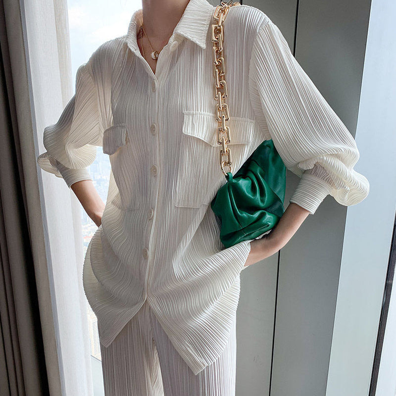White Casual Breathable Pleated Two Piece Suit