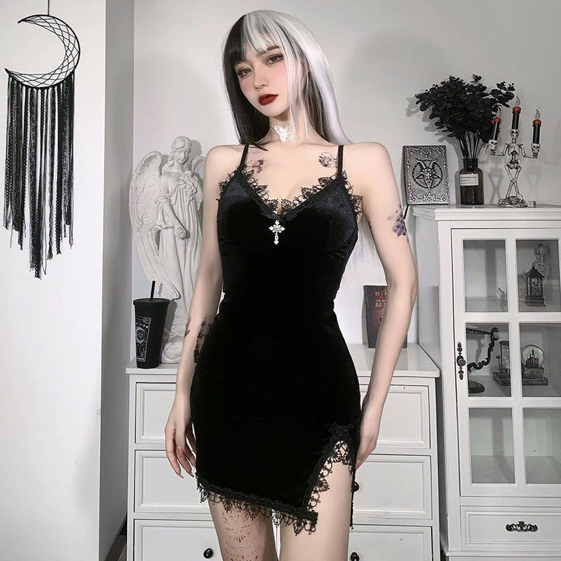 Dark Design Lace Show Chest Velvet Dress