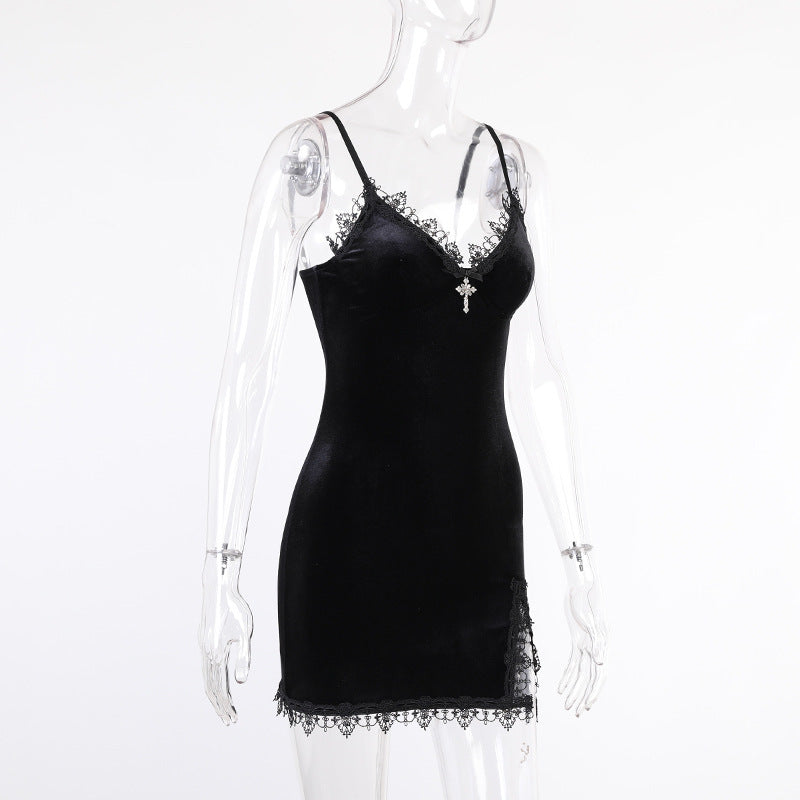 Dark Design Lace Show Chest Velvet Dress