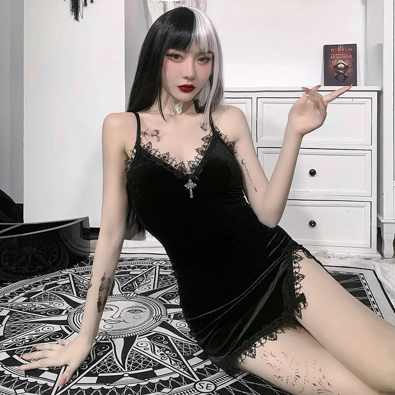 Dark Design Lace Show Chest Velvet Dress