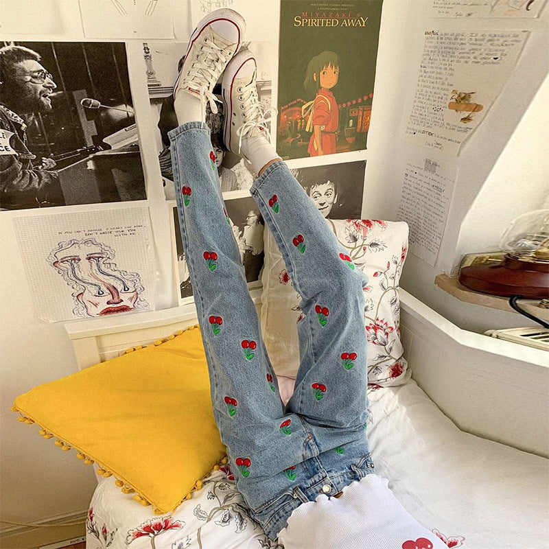 Cherry Embroidered High Waist Mom Jeans