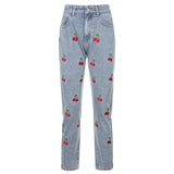 Cherry Embroidered High Waist Mom Jeans