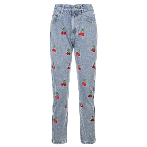 Cherry Embroidered High Waist Mom Jeans