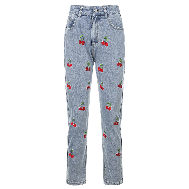 Cherry Embroidered High Waist Mom Jeans